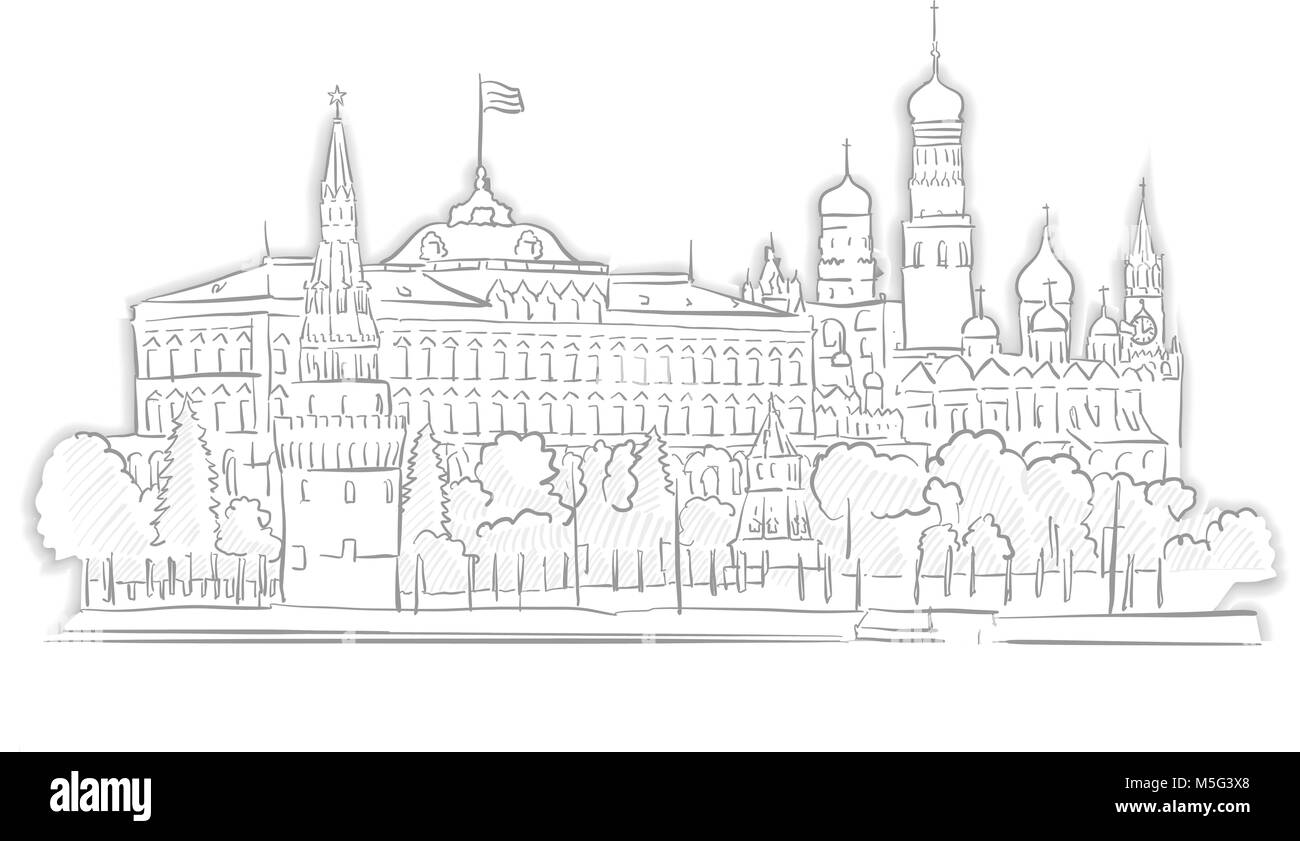 Moscow Kremlin Landmark Sketch. Line Art drawing by hand. Travel design, architecture icon for greeting card, vector background. Stock Vector