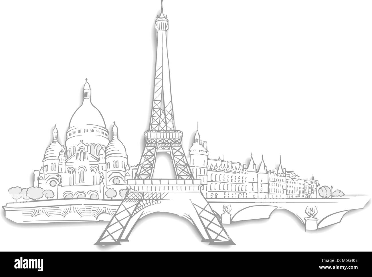 Paris Landmarks Sketches. Line Art drawing by hand. Travel design, architecture icon for greeting card, vector background. Stock Vector