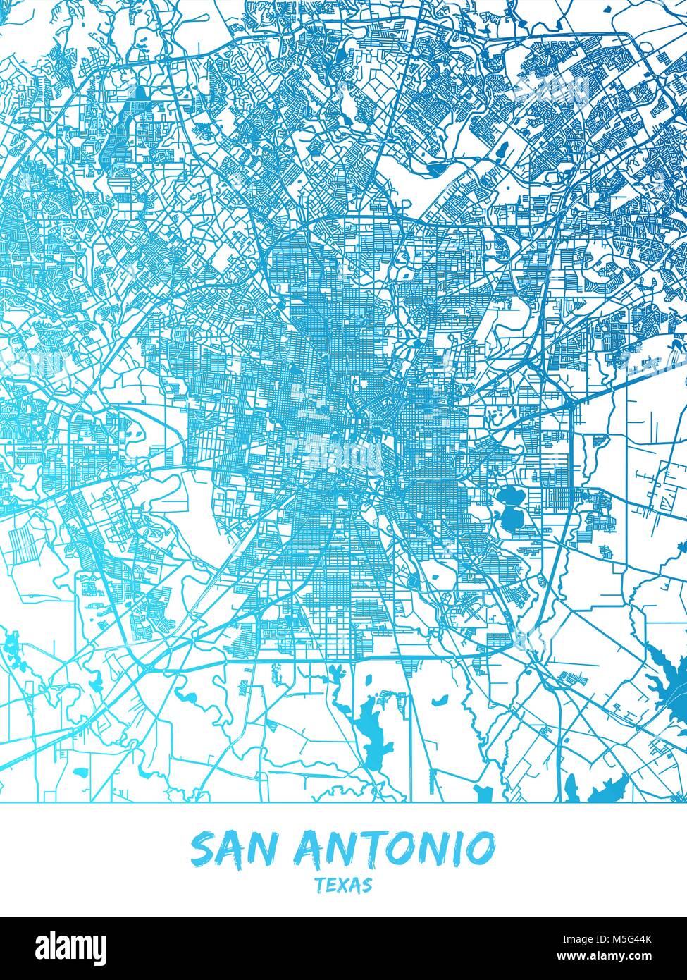 San Antonio downtown and surroundings Map in blue shaded version with