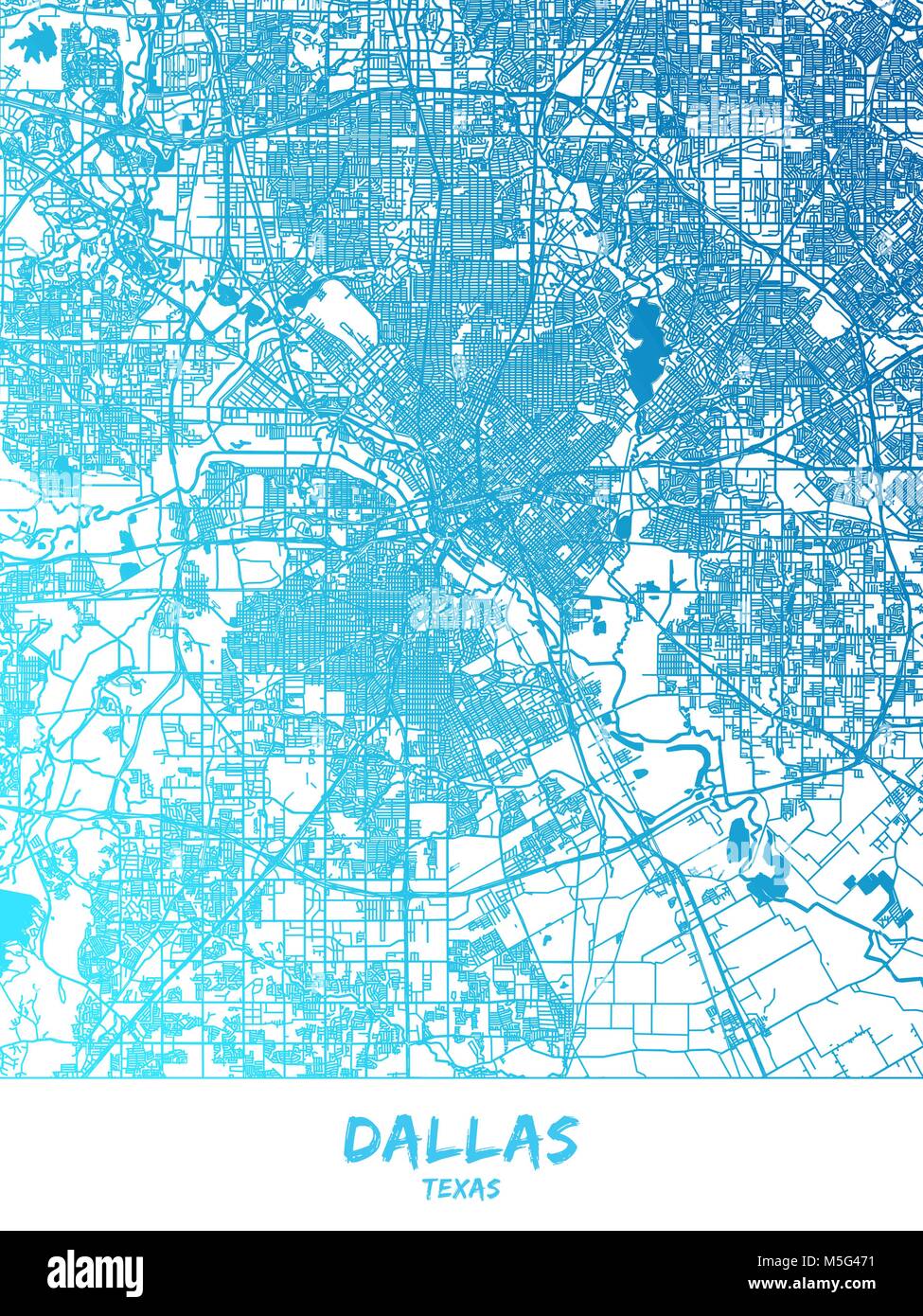 Dallas downtown and surroundings Map in blue shaded version with many