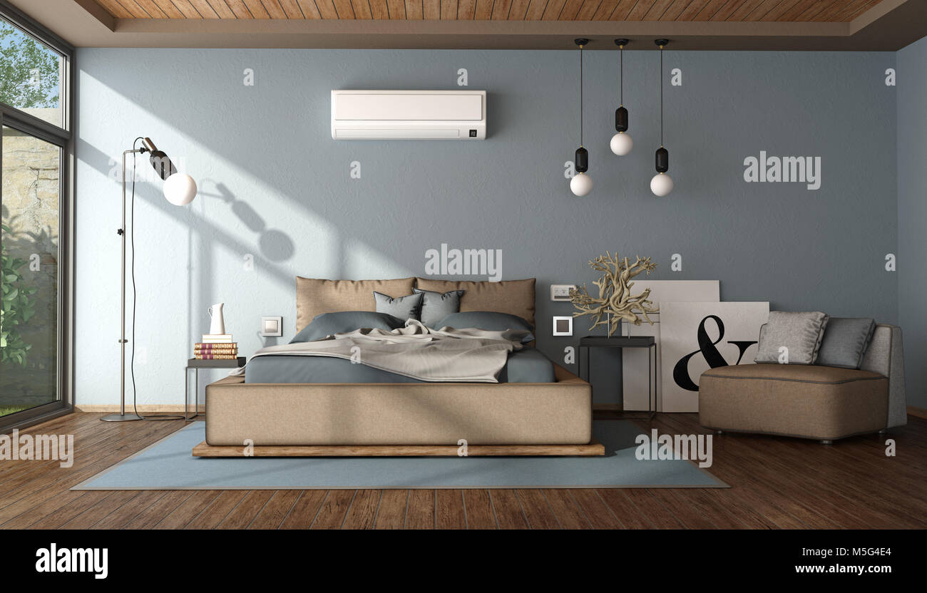 Modern Blue And Brown Master Bedroom With Air Conditioner