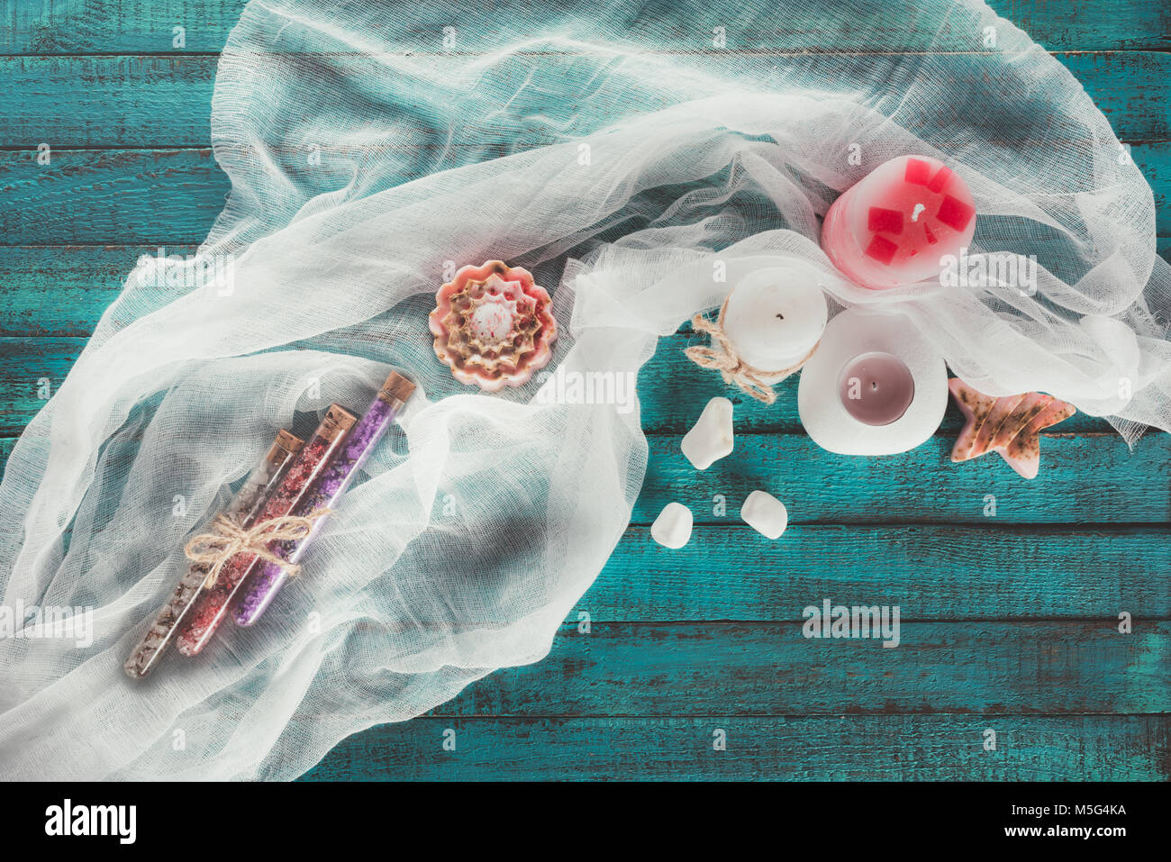 candles, soap and bathroom salt in flasks Stock Photo Alamy