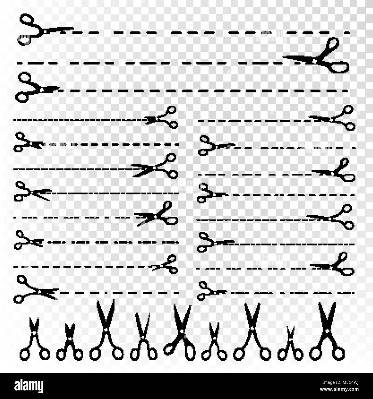 Scissor Line Vector. Set Dotted Cutting Lines. Black Scissor