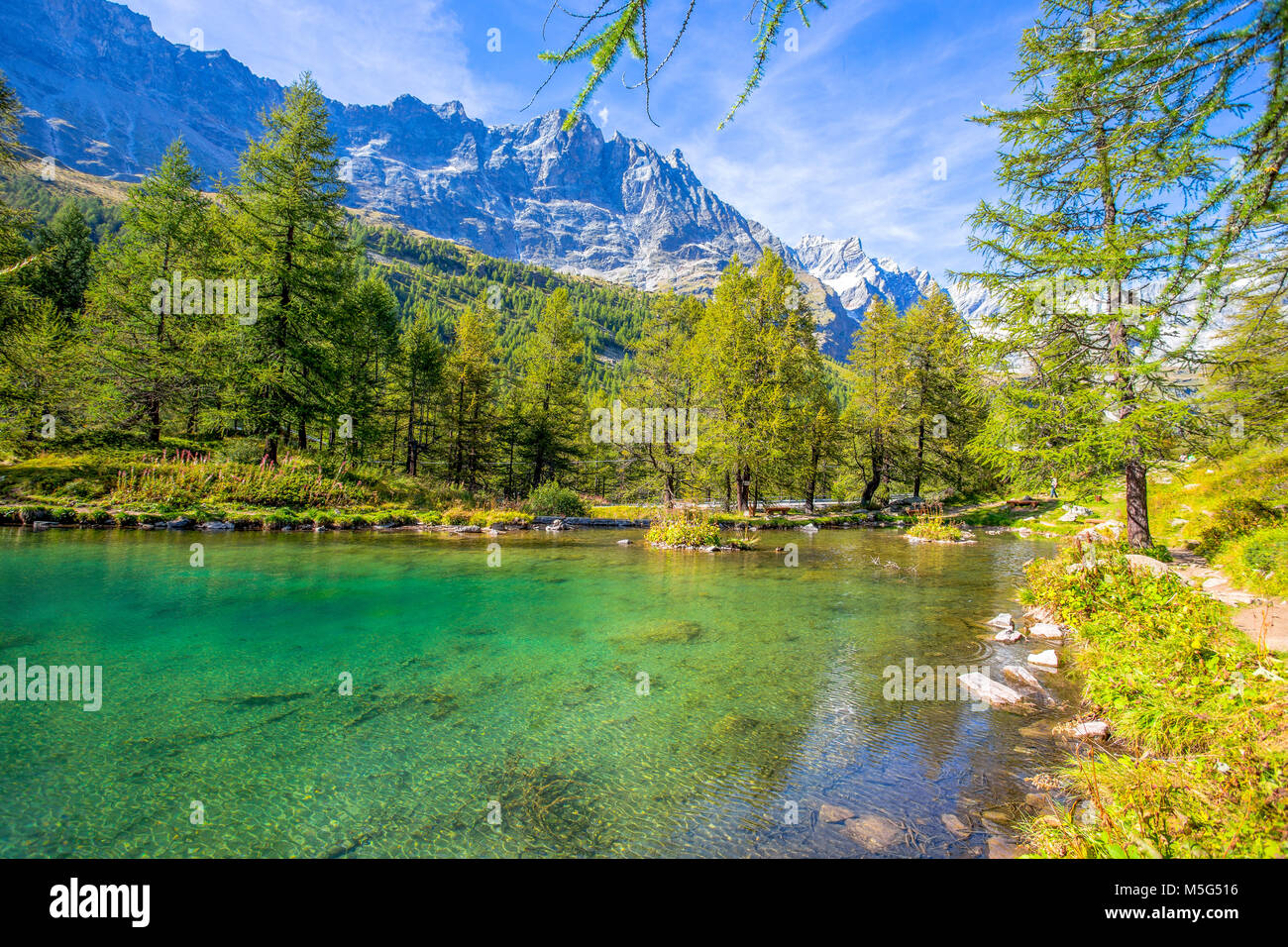 View of the Blue lake (Lago Blu) near Breuil-Cervinia in Val D'Aosta,Italy Stock Photo