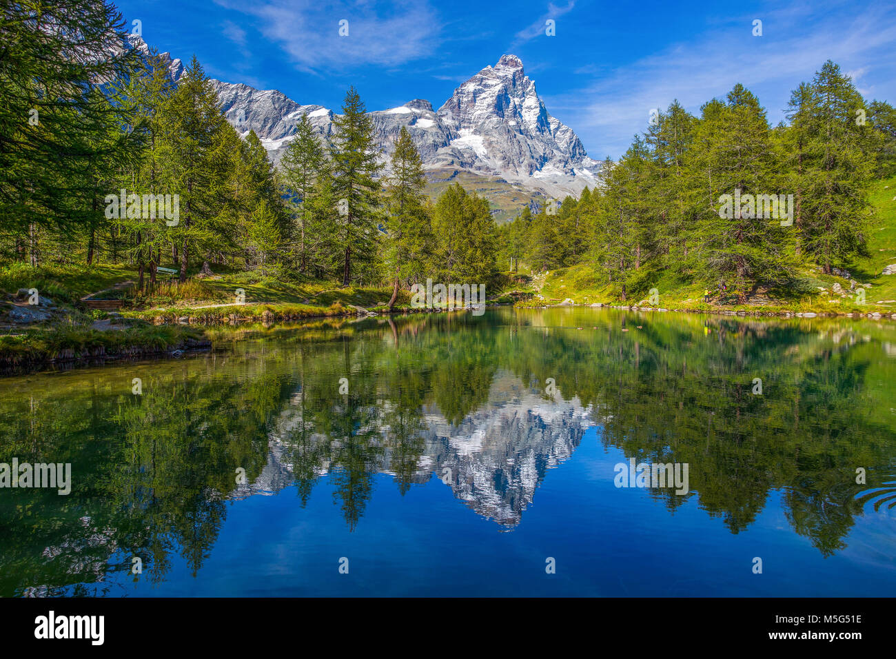 View of the Blue lake (Lago Blu) near Breuil-Cervinia and Cervino Mount (Matterhorn) in Val D'Aosta,Italy Stock Photo
