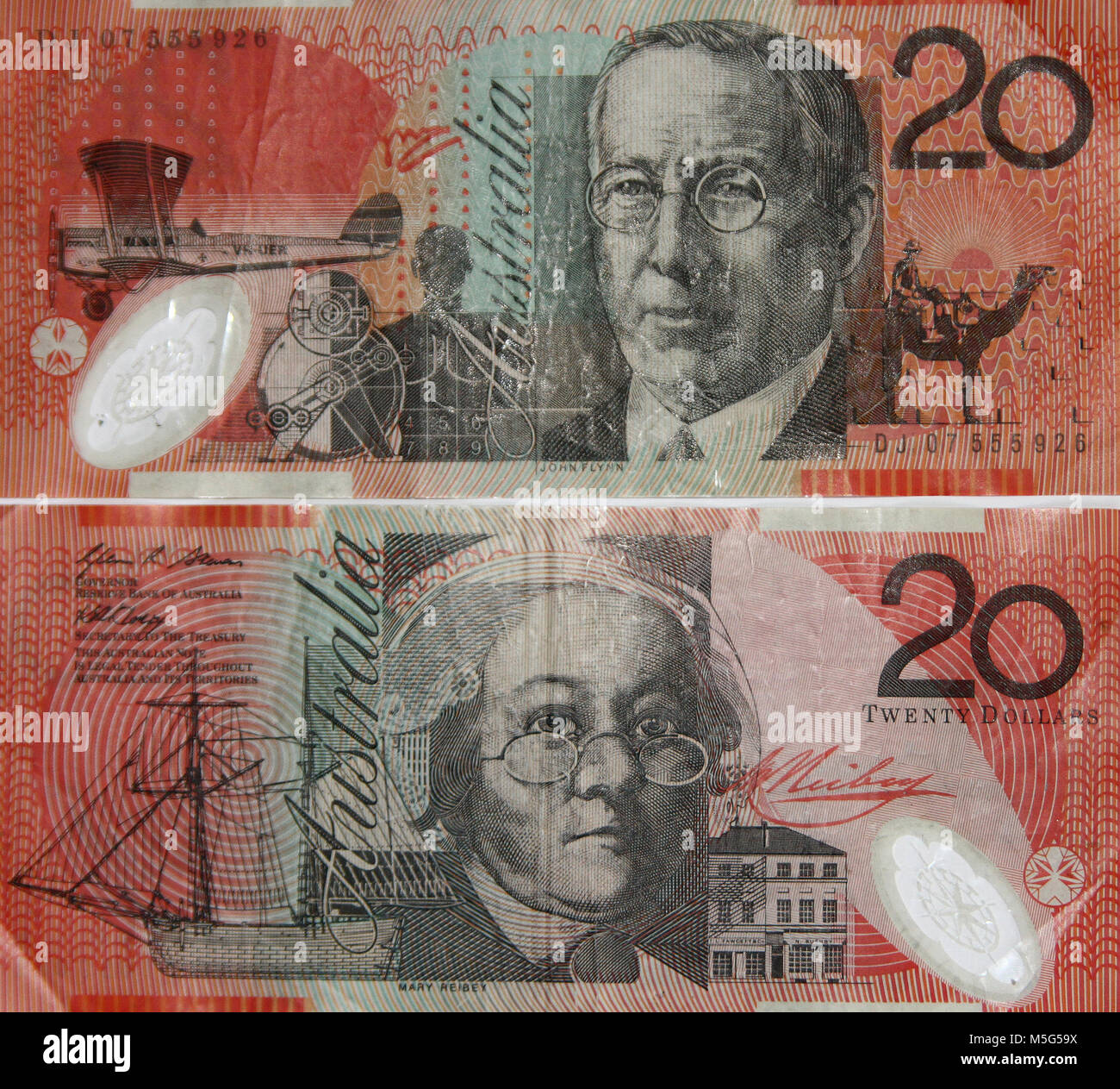 Close-up of the reverse and obverse side of the Australian twenty (20) - dollar note Stock Photo