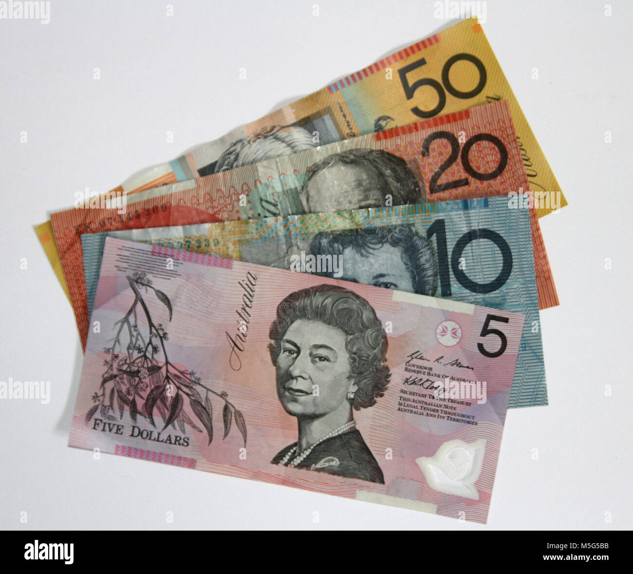 Full range of Australian bank notes Stock Photo
