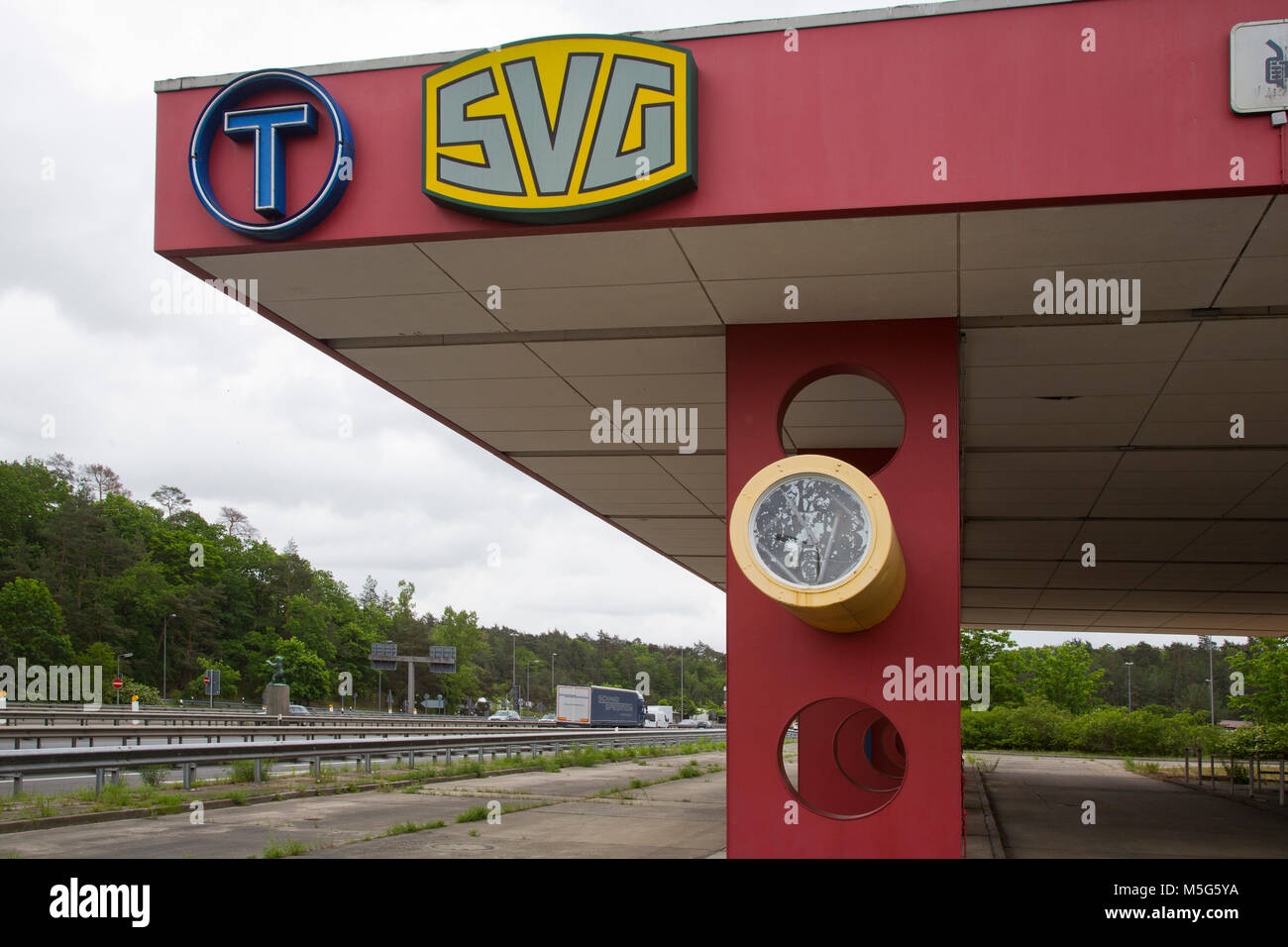 Berlin, Germany - May 24, 2017:  The remains of the gas station at Checkpoint Bravo. Checkpoint Bravo or Checkpoint B was the main Autobahn border cro Stock Photo