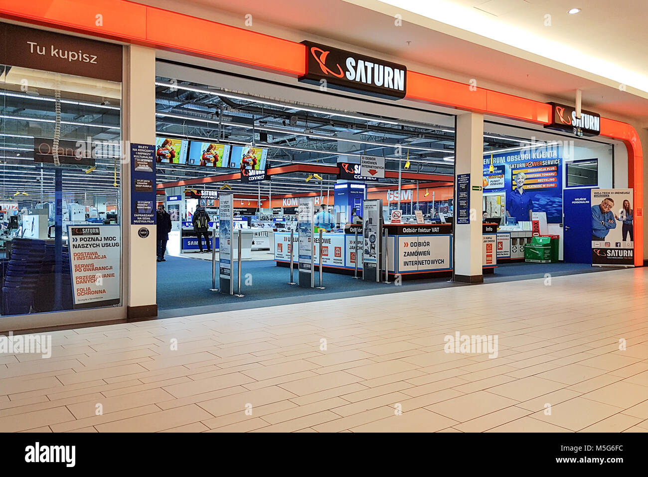 Krakow, Poland - February 21, 2018: Exterior view of The Saturn Market. Saturn is a German chain of stores selling consumer electronics with numerous  Stock Photo