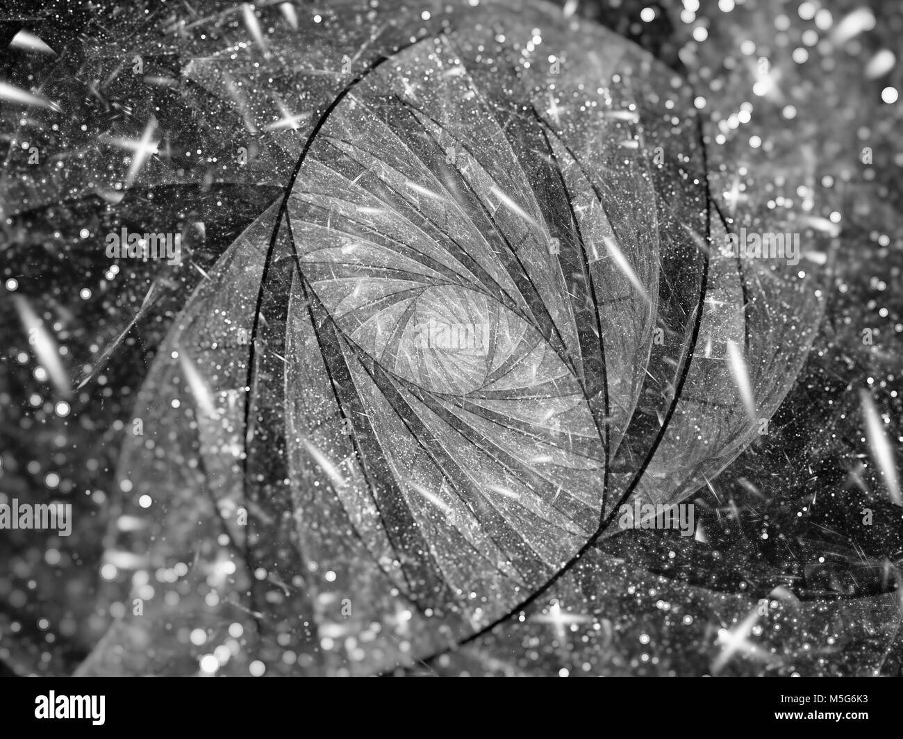 Stained-glass fractal spiral with particles, black and white, computer generated abstract texture for overlay or screen effect, 3D rendering Stock Photo