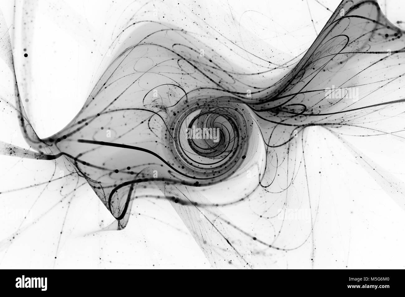 Futuristic spiral with particles and trajectories, black and white inverted, computer generated abstract texture for overlay or screen effect, 3D rend Stock Photo