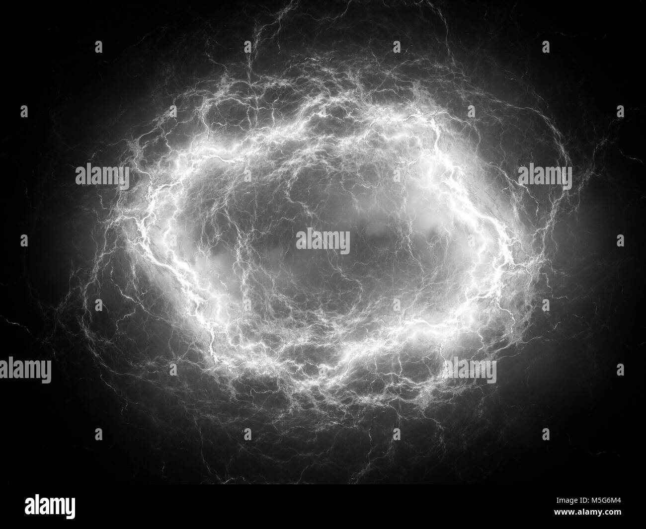 Glowing spherical high energy plasma lightning in space, black and white, computer generated abstract texture for overlay or screen effect, 3D renderi Stock Photo