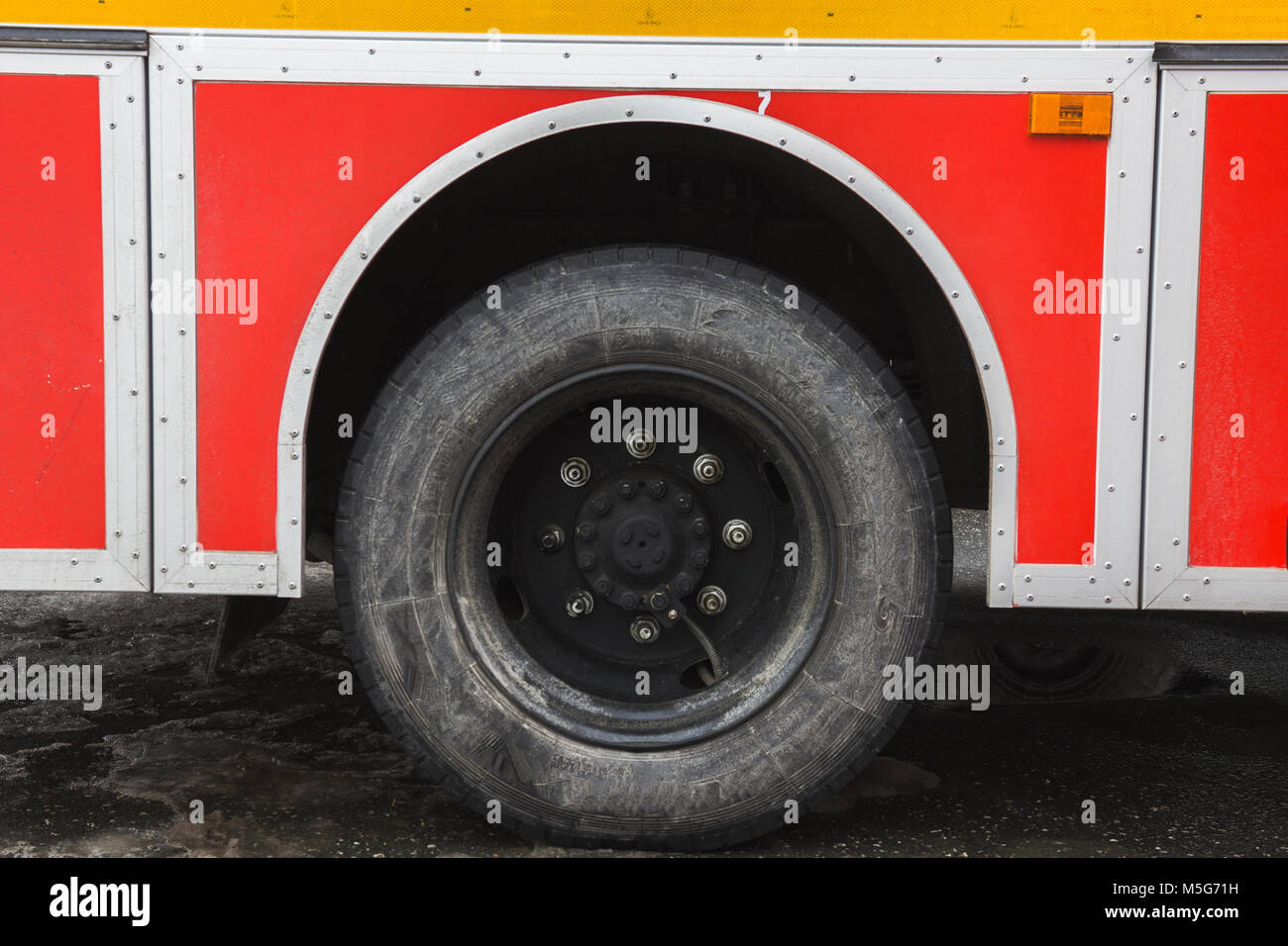 Fire Truck Rims Wheel in Fire truck - big red Russian fire fighting vehicle Stock Photo ...