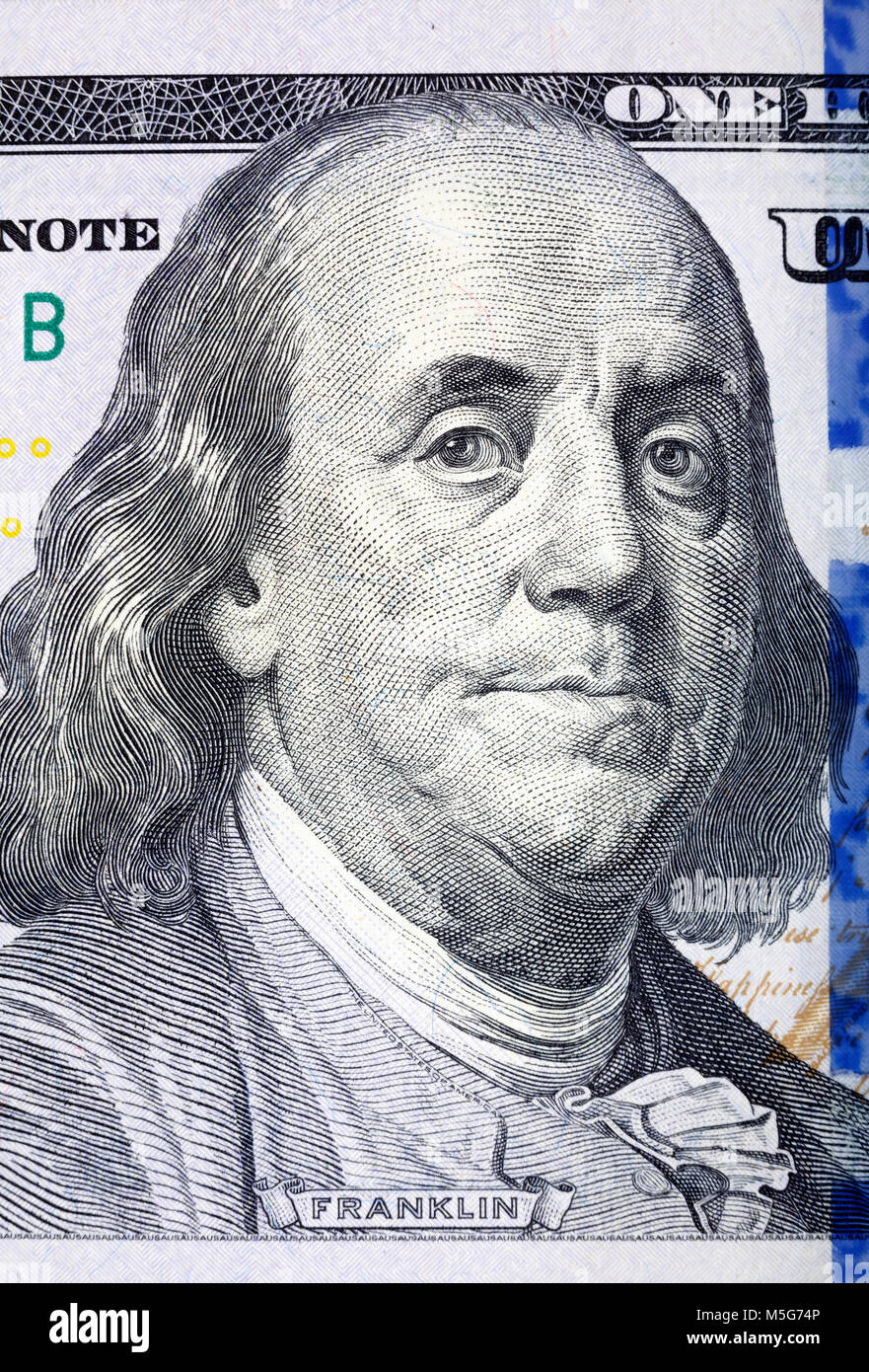 Portrait of Benjamin Franklin from one hundred dollars bill new edition. Stock Photo