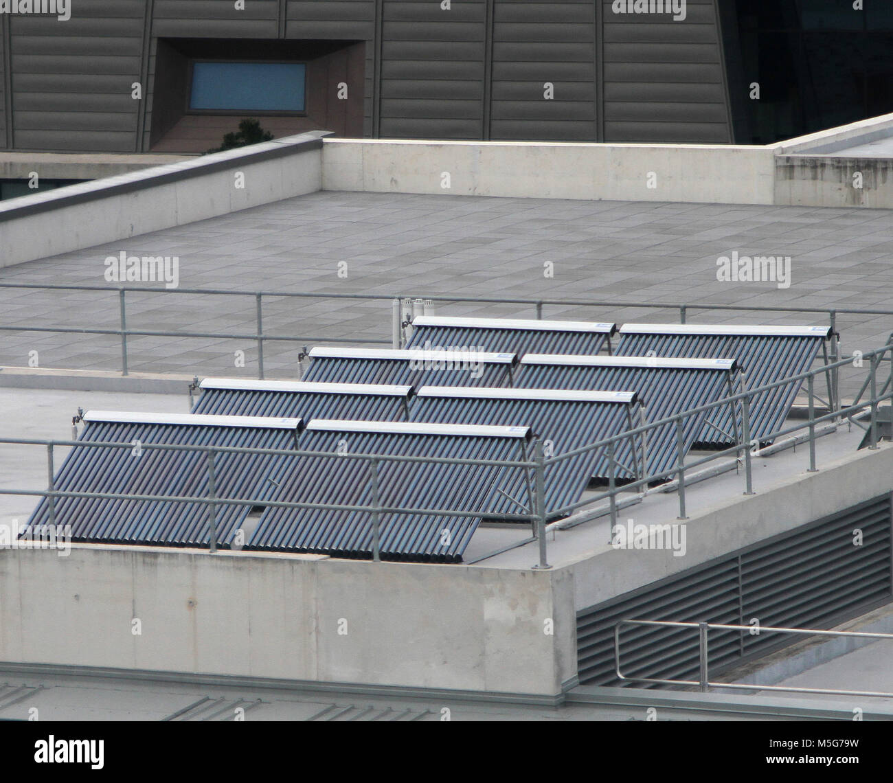 Evacuated heat pipe tubes (EHPTs) on the roof of a building, Brisbane, Australia Stock Photo