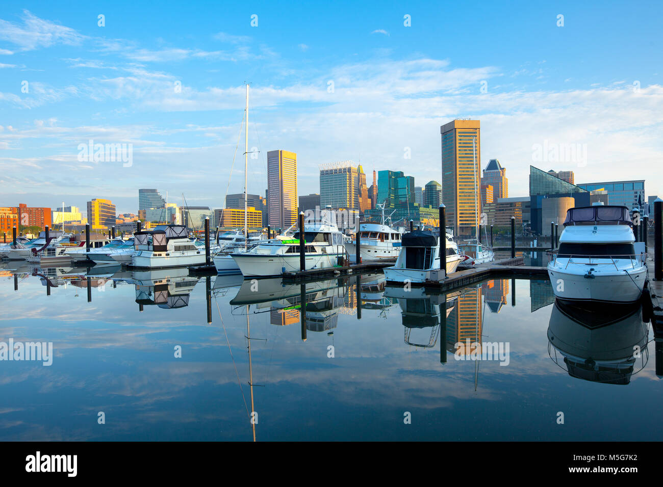 Downtown city skyline, Inner Harbor and marina, Baltimore, Maryland, USA Stock Photo