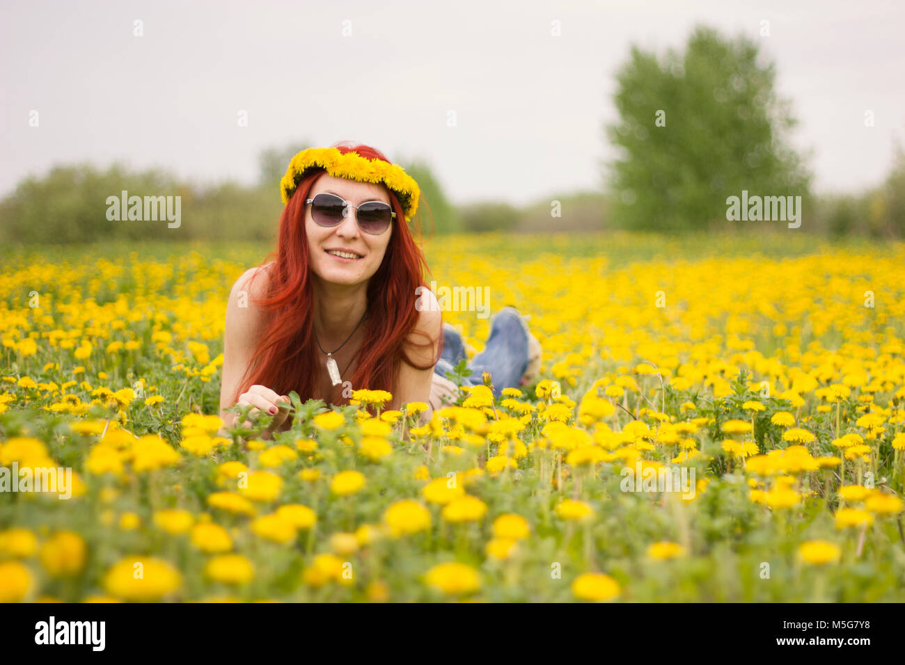 Girl lying on a field of dandelions Stock Photo - Alamy