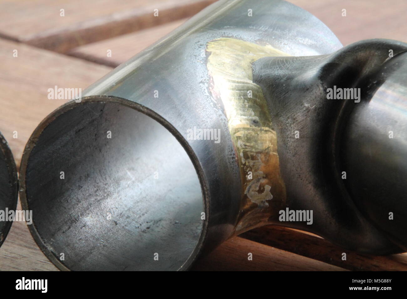 Brazed welds on steel bike tubing learned for bike building Stock Photo