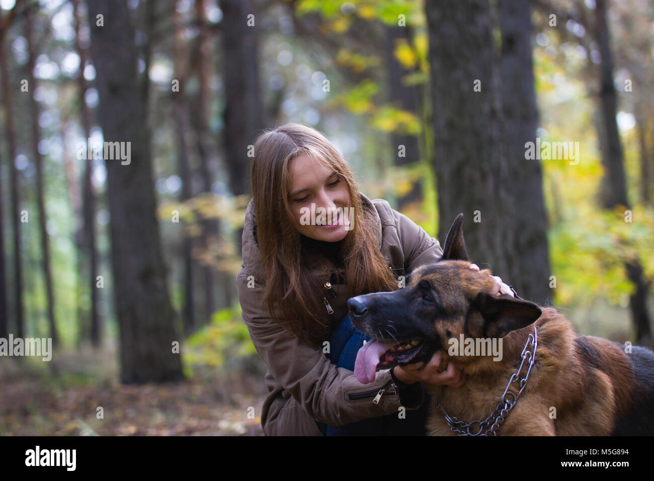 Young cute smiling girl playing with German Shepherd dog outdoors in the autumn forest Stock