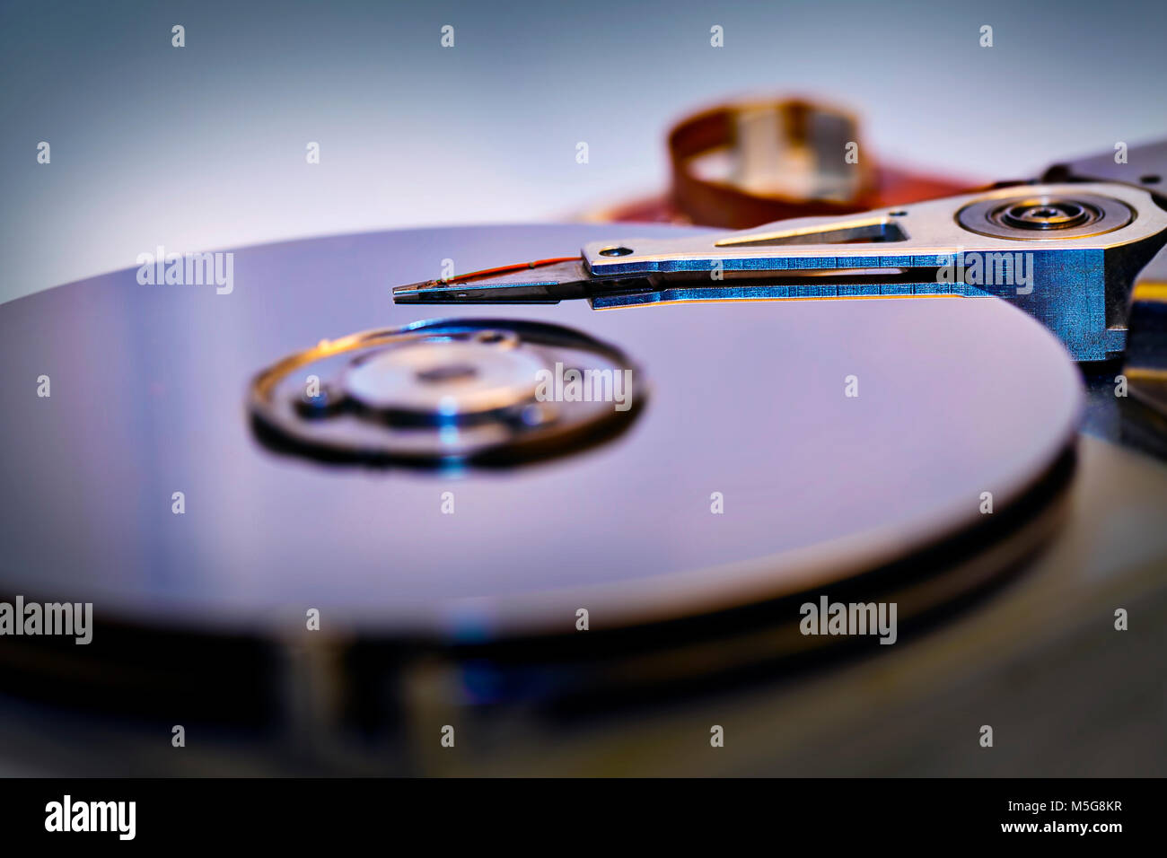Detail of an opened computer hard disc drive, storage device Stock Photo