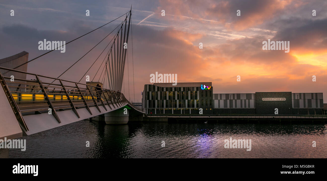 Beautiful sunset over Coronation Street Studios, ITV building, Media City, Trafford Wharf. 22nd February 2018. Stock Photo