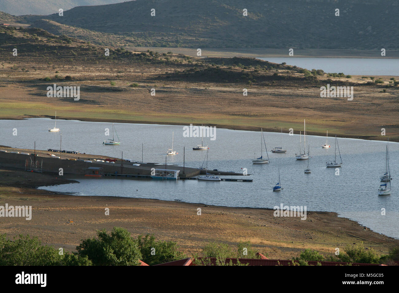 Gariep Dam Harbor with water very low due to drought, South Africa Stock Photo