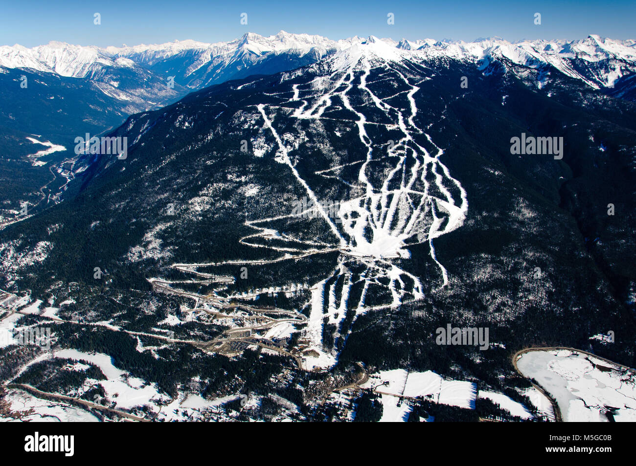 Most vertical skiing in North America. Revelstoke ski resort in the Rocky Mountains Stock Photo