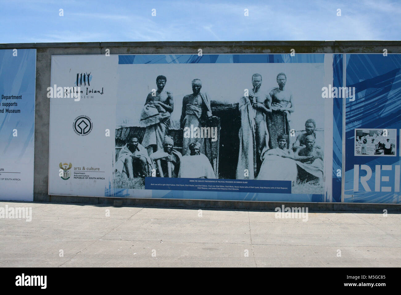 Freedom posters in the harbour of Robben Island, UNESCO World Heritage Site, Cape Town, South Africa Stock Photo