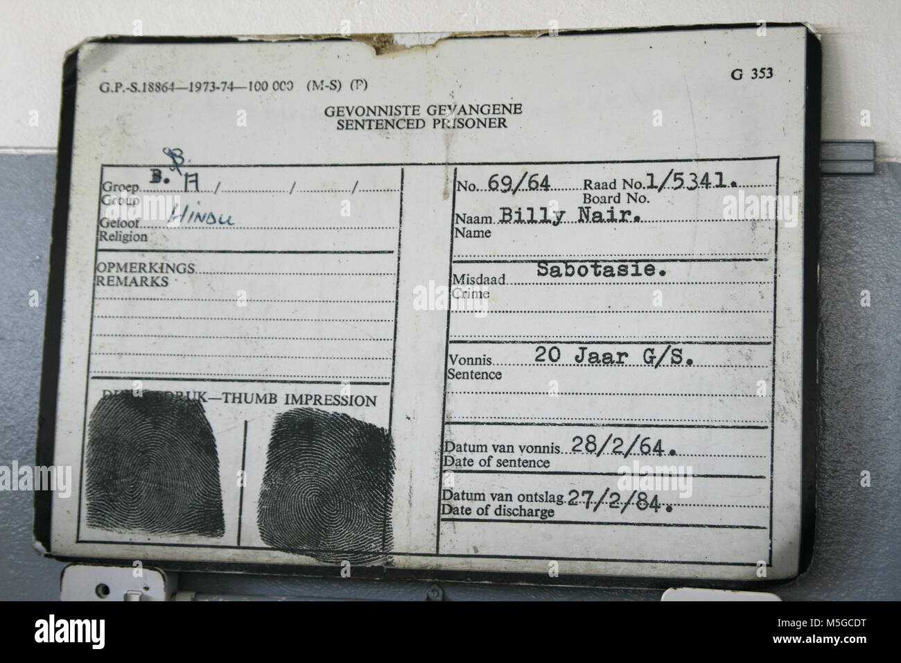 Prisoners card, Robben Island, Cape Town, South Africa Stock Photo