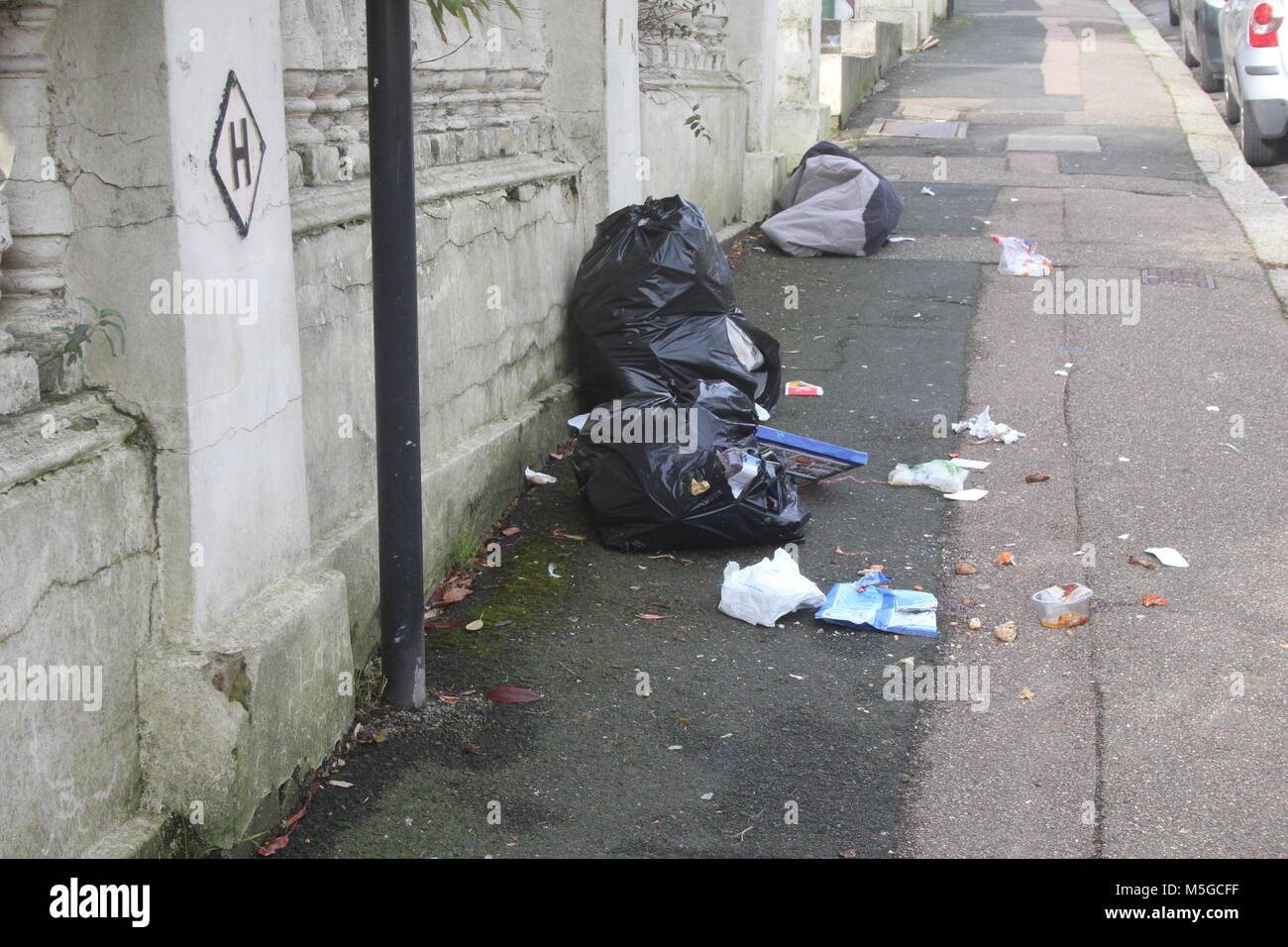 A VIEW OF REFUSE ON A PAVEMENT AFTER BIN BAGS HAVE BEEN RIPPED OPEN