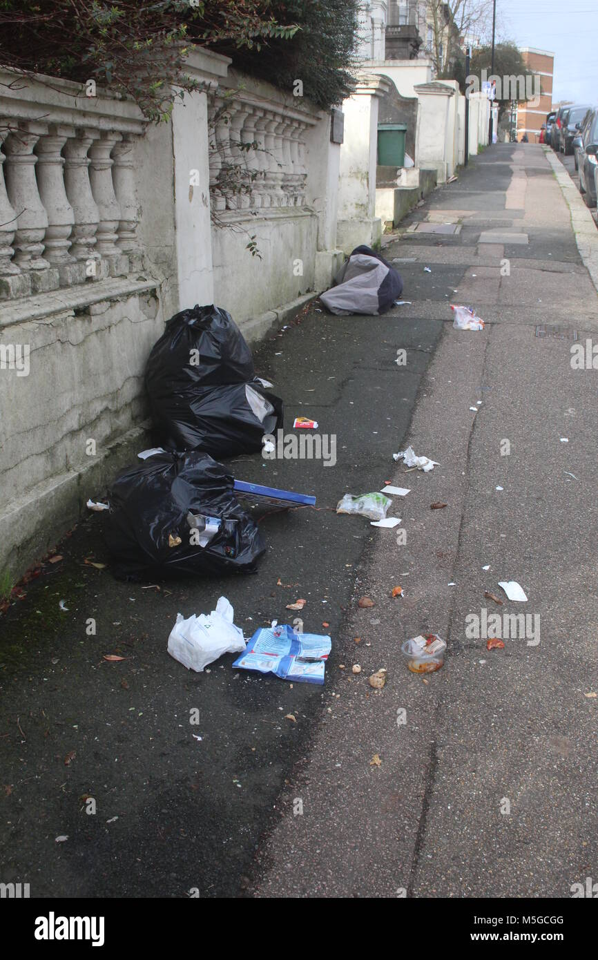 A VIEW OF REFUSE ON A PAVEMENT AFTER BIN BAGS HAVE BEEN RIPPED OPEN