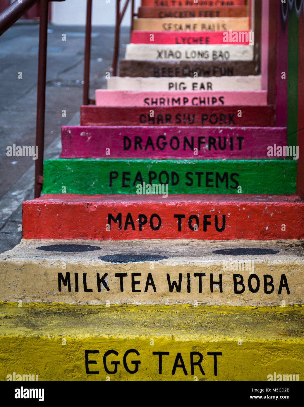 Menu of Chinese food painted onto steps outside a restaurant in Chinatown, San Francisco Stock Photo