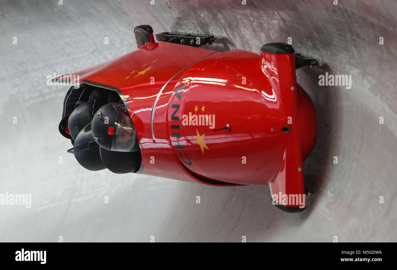 China's Yijun Shao during Bobsleigh training at the Olympic Sliding Centre during day fourteen of the PyeongChang 2018 Winter Olympic Games in South Korea. Stock Photo