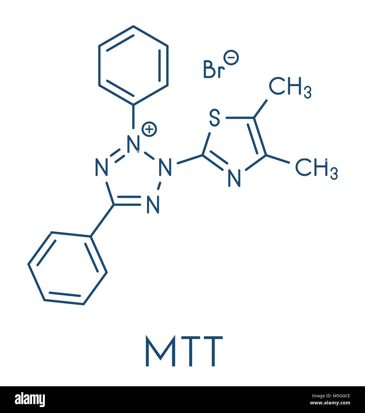 MTT yellow tetrazole dye molecule. Used in MTT assay, used to measure cytotoxicity and cell metabolic activity.  Skeletal formula. Stock Vector