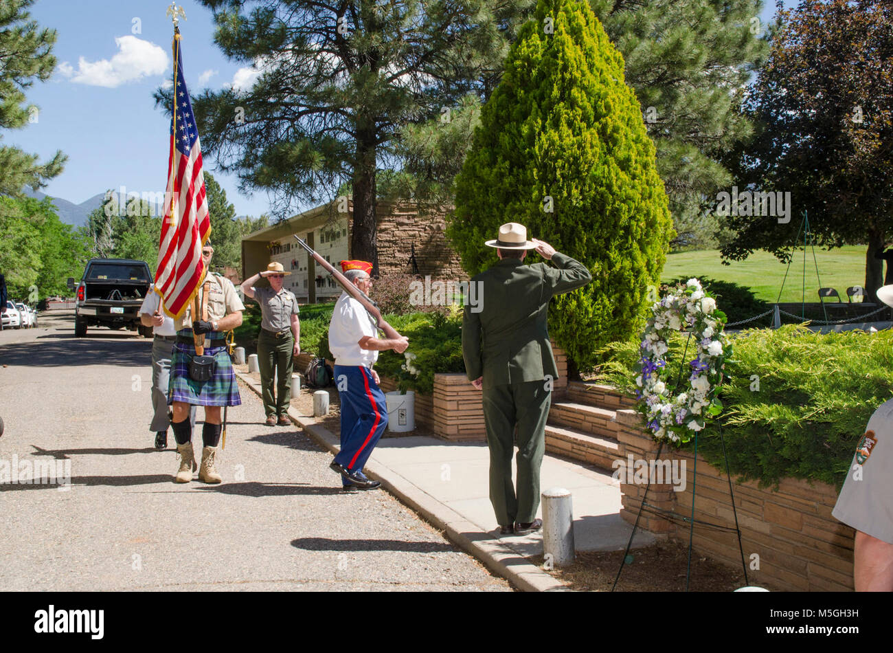 June ,  Wrea laying ceremony - Citizens Cemetery, Flagstaff  Flagstaff American Legion Post 3, the Scottish American Military Society, and Veterans of Foreign Wars Post 1709 posting the colors during the memorial wreath laying ceremony at Citizens Cemetery, Flagstaff, AZ. Stock Photo