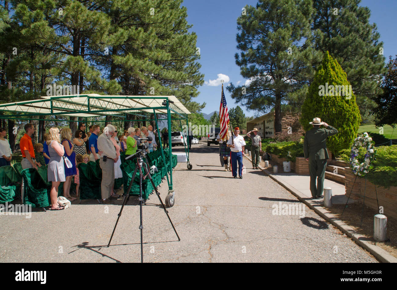 June ,  Wrea laying ceremony - Citizens Cemetery, Flagstaff  Flagstaff American Legion Post 3, the Scottish American Military Society, and Veterans of Foreign Wars Post 1709 posting the colors during the memorial wreath laying ceremony at Citizens Cemetery, Flagstaff, AZ. Stock Photo