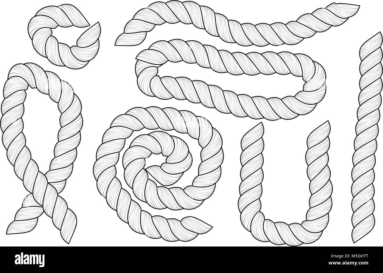 Set of different size and shapes white ropes are isolated on white background. Stock Vector