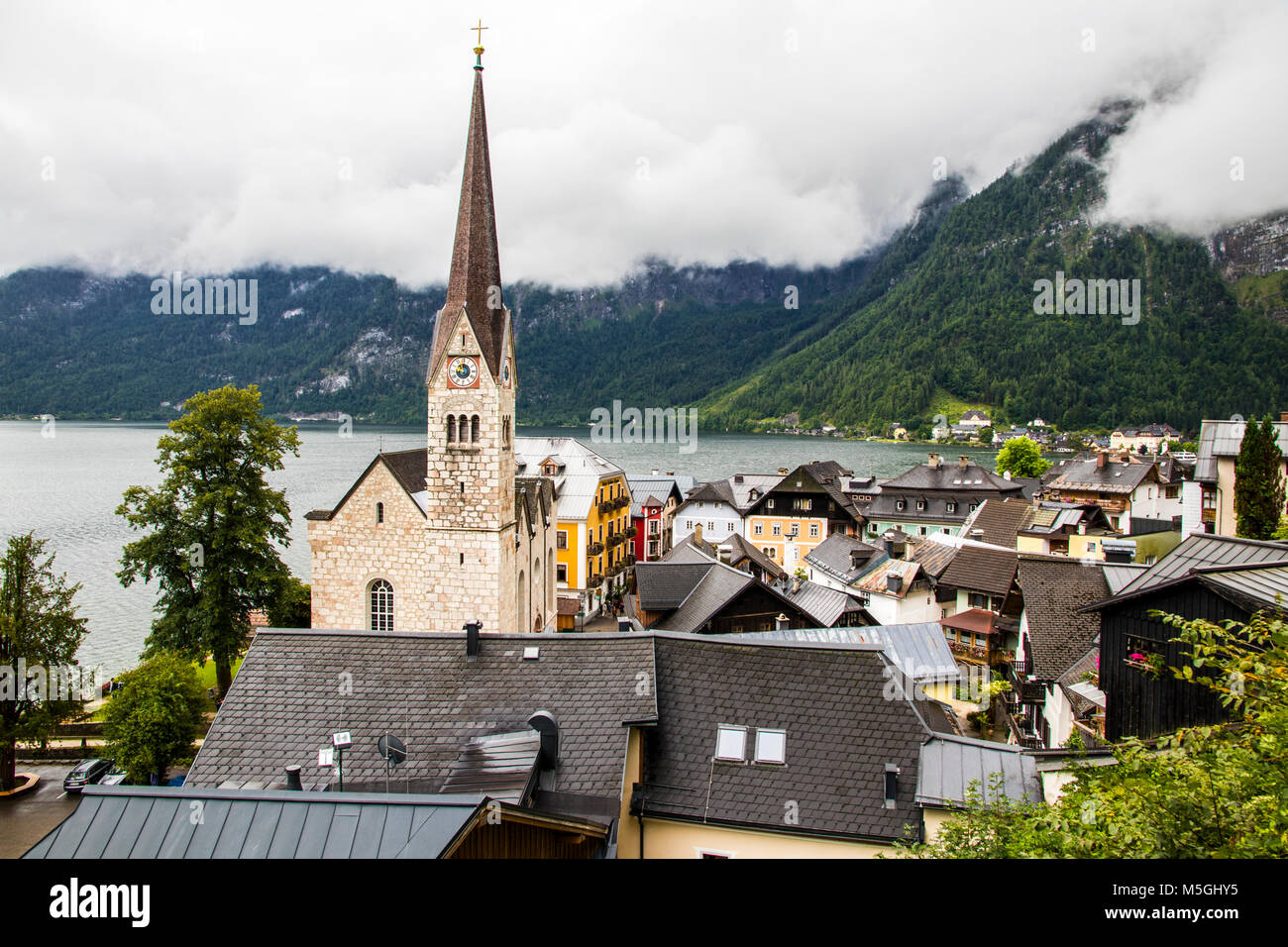 Views of the Neo-Gothic Evangelical Church in Hallstatt, part of Dachstein-Salzkammergut Cultural Landscape, a World Heritage Site in Austria Stock Photo