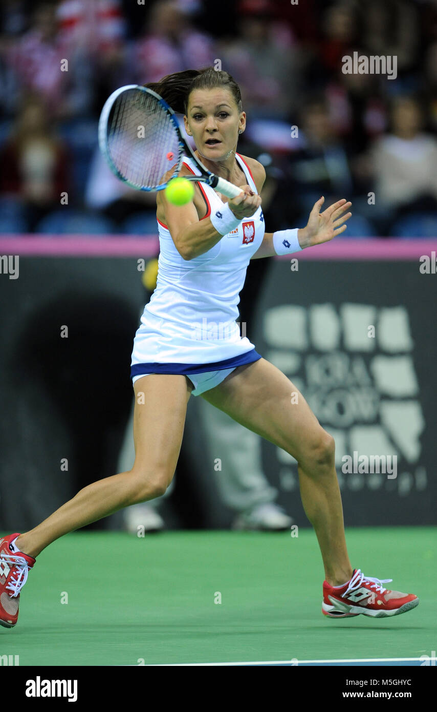 KRAKOW, POLAND - FEBRUARY, 7, 2015: Agnieszka Radwanska during tennis cup Fed Cup Poland Russia Stock Photo