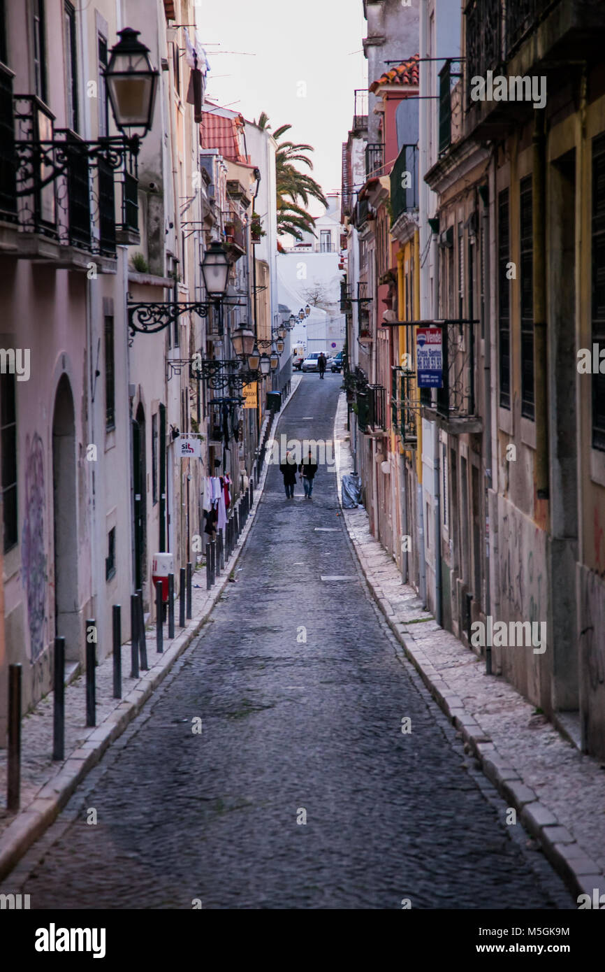 LISBON, PORTUGAL - January 31, 2011: small streets in the Barrio Alto neighborhood in Lisbon Stock Photo