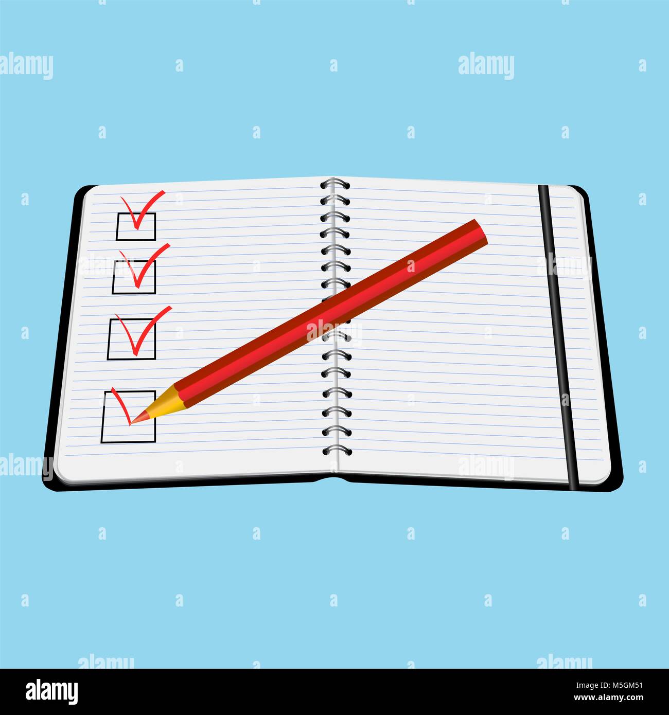 notebook red pencil with tick vector illustration isolated on white background Stock Vector