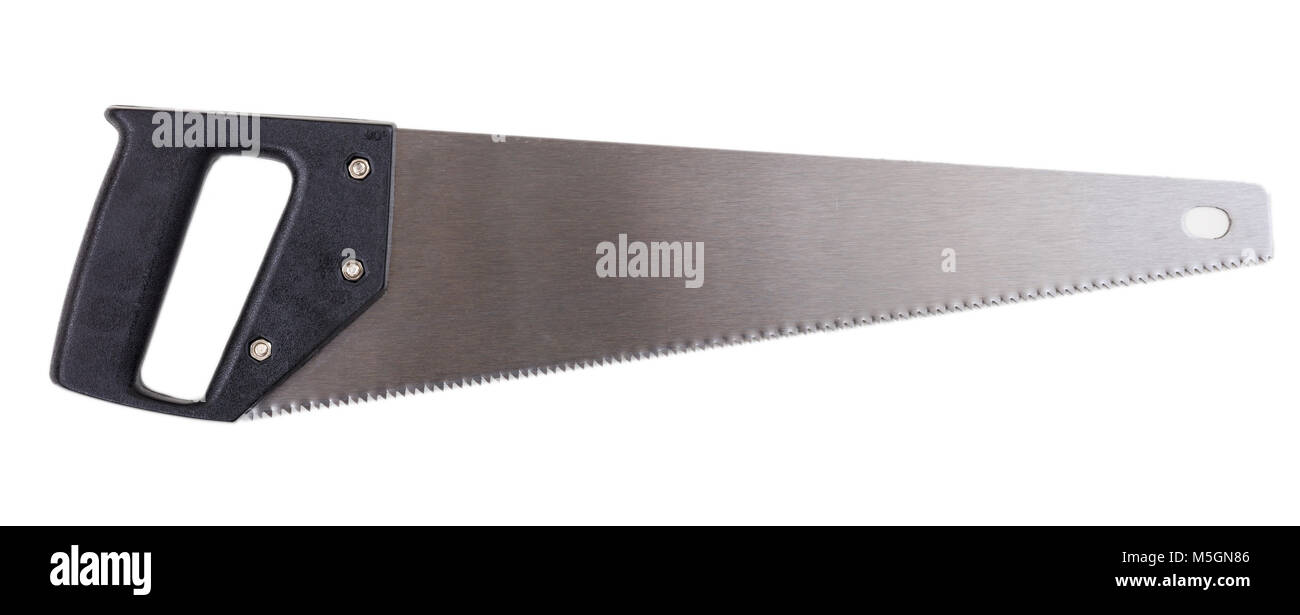 Hand saw with black grip isolated on white background, top view Stock Photo