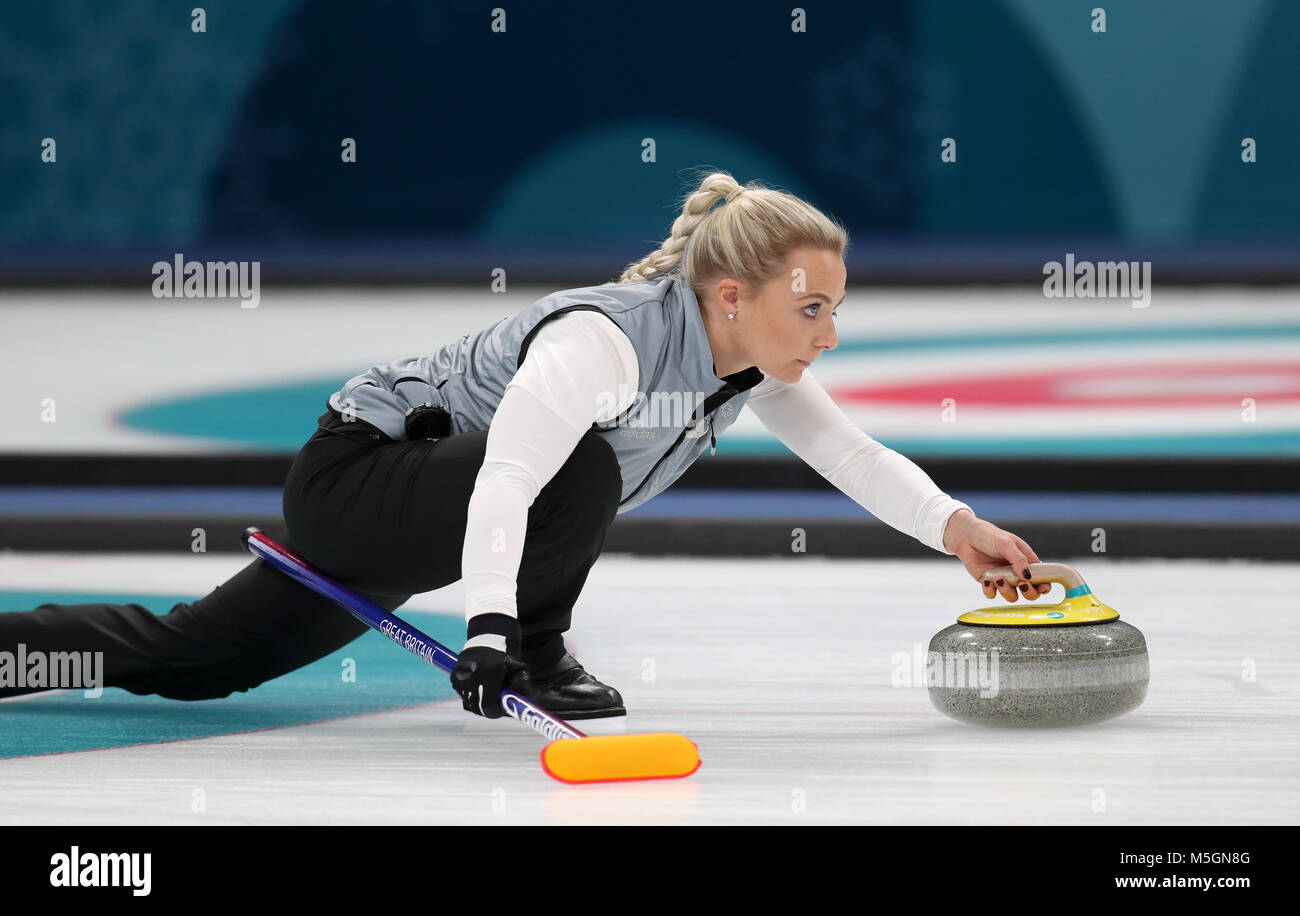 Great Britain's Anna Sloan during the Women's Semi-Final against Sweden at the Gangneung Curling Centre during day fourteen of the PyeongChang 2018 Winter Olympic Games in South Korea. Stock Photo