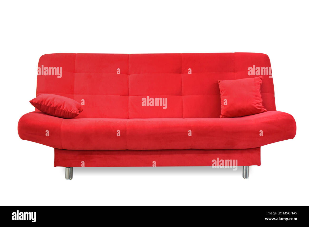 Modern red sofa with pillows isolated on white background Stock Photo