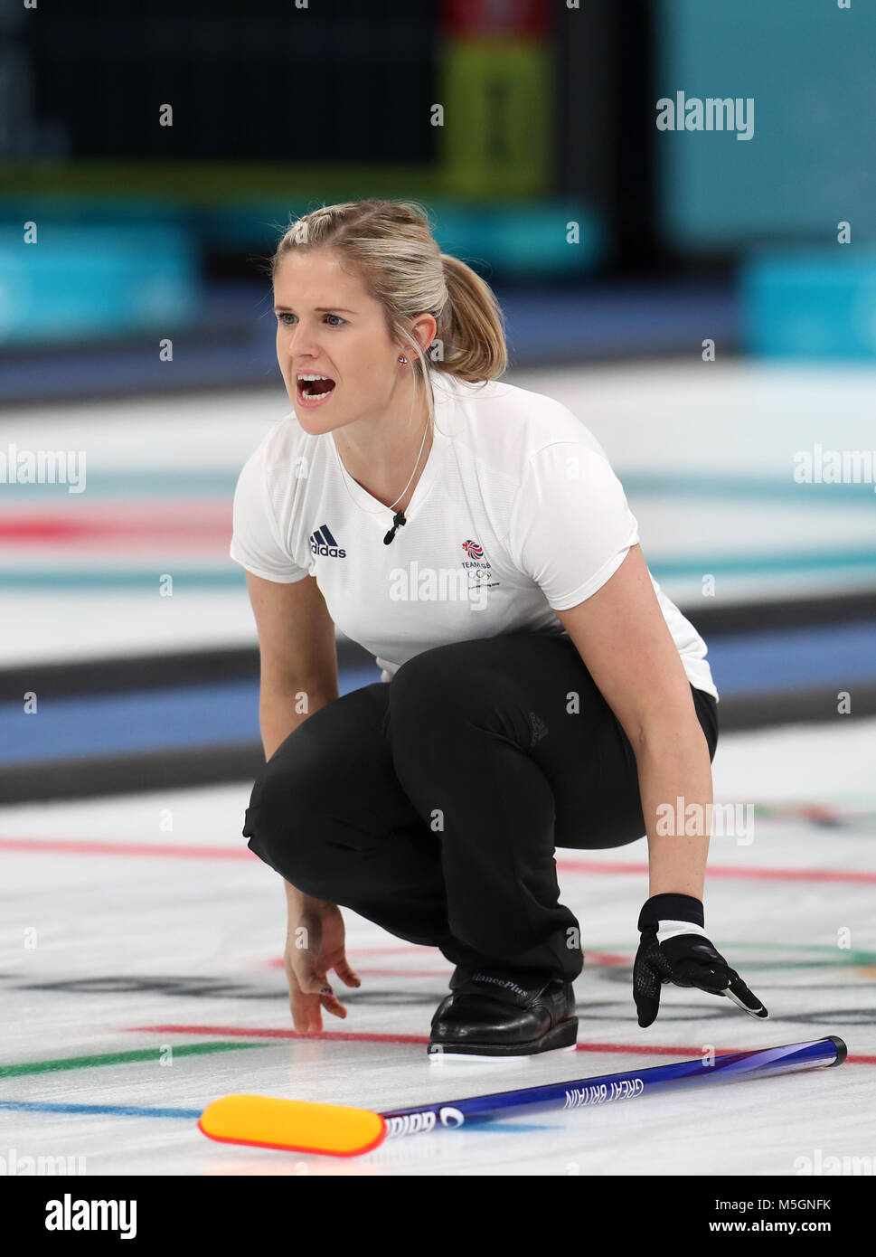 Great Britain's Vicki Adams during the Women's Semi-Final against Sweden at the Gangneung Curling Centre during day fourteen of the PyeongChang 2018 Winter Olympic Games in South Korea. Stock Photo