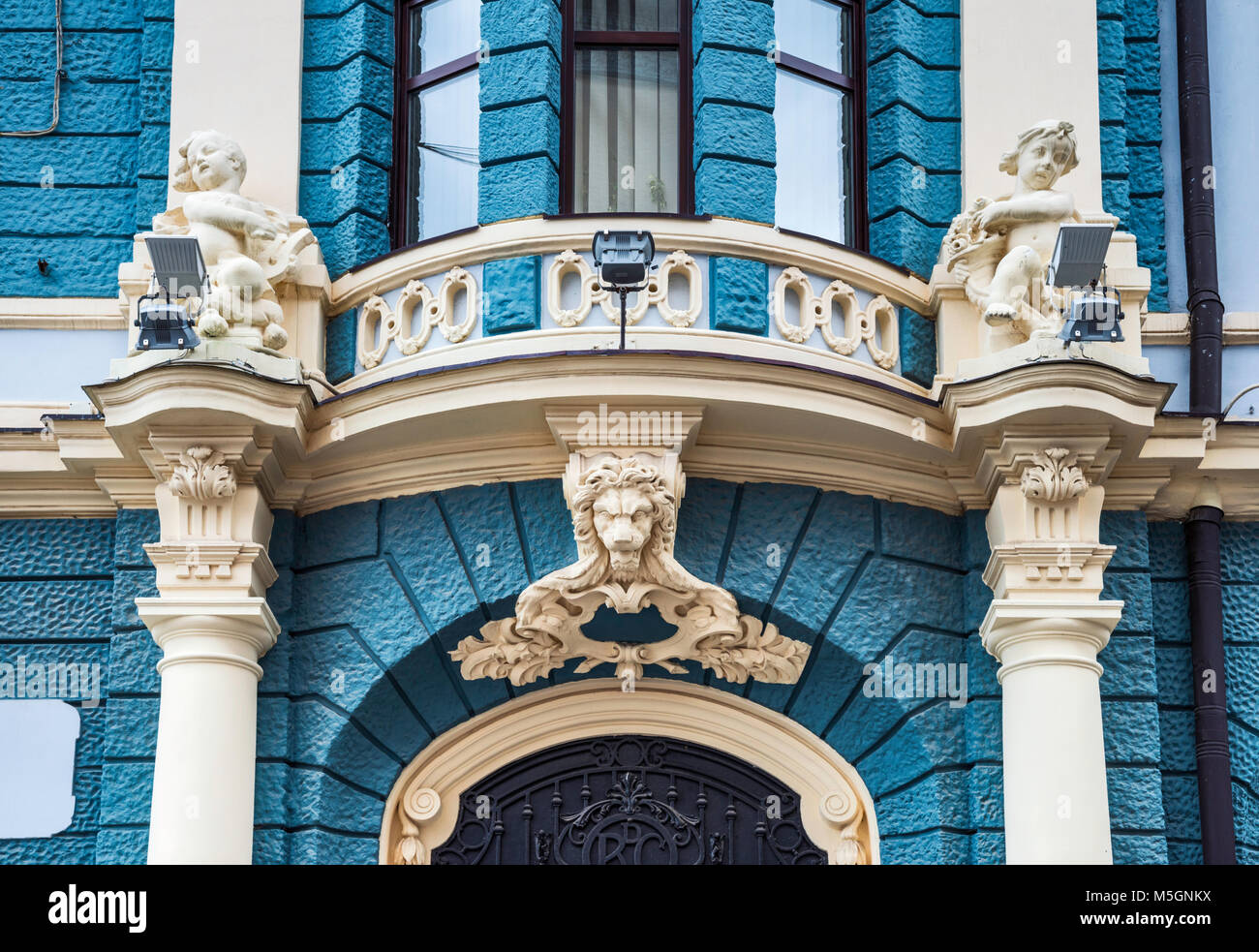 Carvings at State Bank Building, 1878, Olha Kobylianska Street, pedestrian area in Chernivtsi, Bukovina Region, Ukraine Stock Photo