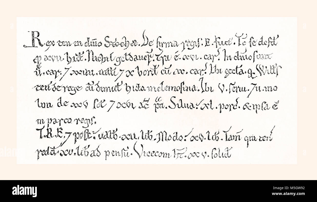 Facsimile of a specimen from the Domesday Book, a record of the 'Great Survey' of England and parts of Wales completed in 1086 by order of King William the Conqueror.  From Old England: A Pictorial Museum, published 1847. Stock Photo