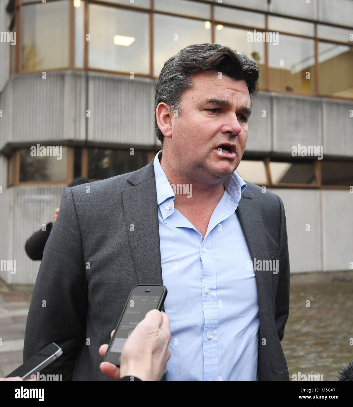 Former BHS owner Dominic Chappell speaks to press outside Barkingside Magistrates' Court, where he has been ordered to pay &Acirc;£87,170 after failing to provide information about the firm's pension schemes to investigators when it collapsed with the loss of thousands of jobs. Stock Photo
