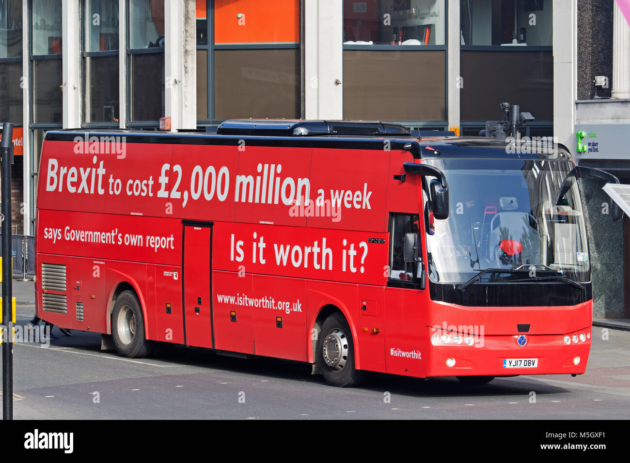 Liverpool, UK. 23rd February 2018. Anti-Brexit campaigners big red bus  arrives in Derby Sq Liverpool. The "Is It Worth It?" campaign claims the  cost of leaving the EU will be £2,000m per