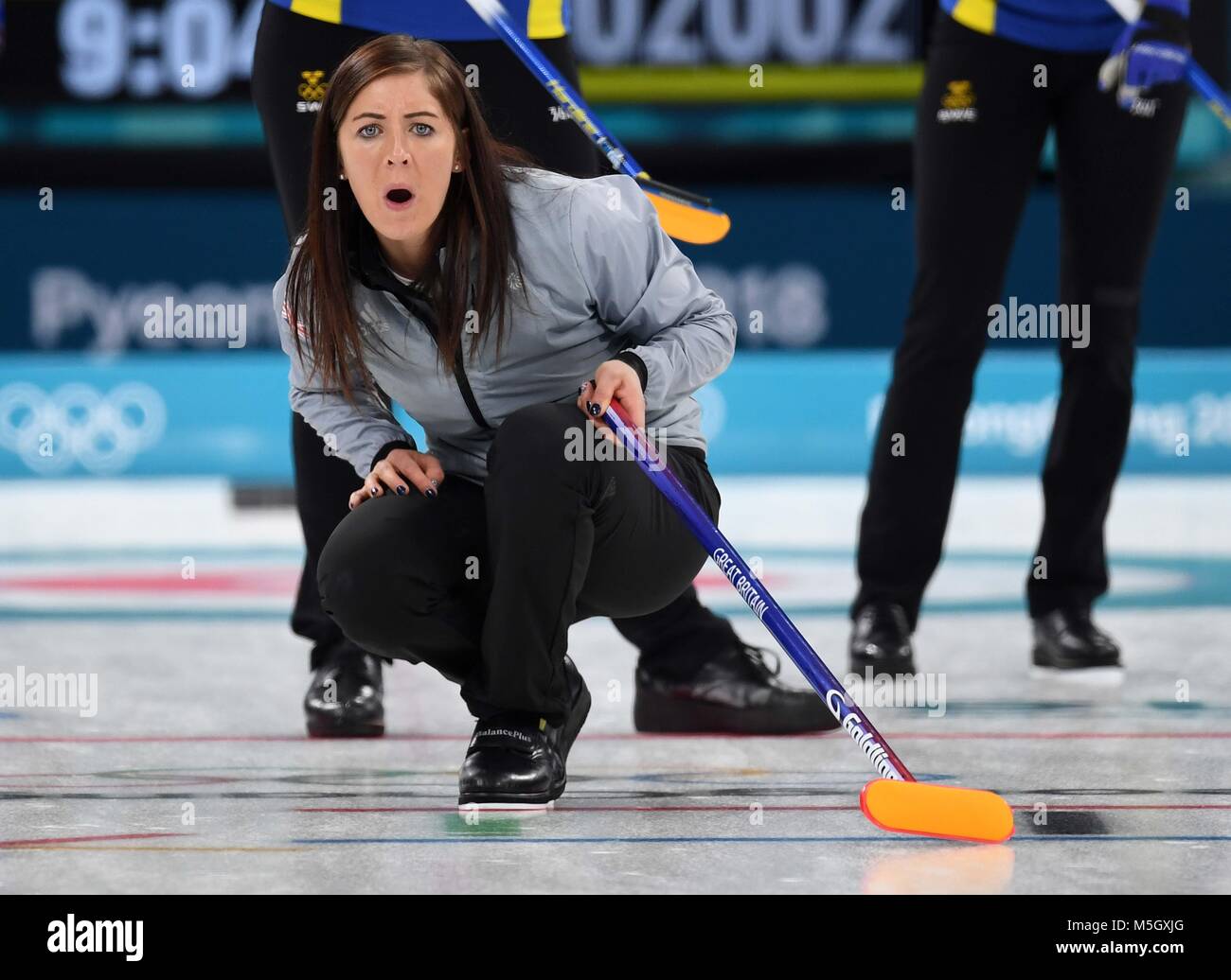 Pyeongchang, South Korea. 22nd Feb, 2018. Eve Muirhead (GBR, skip) shouts. Womens curling. Semi finals. Gangneung curling centre. Gangneung. Pyeongchang2018 winter Olympics. Republic of Korea